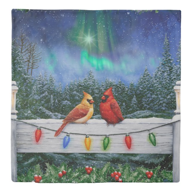 Cardinals and Christmas Lights Winter Snow Duvet Cover (Front)
