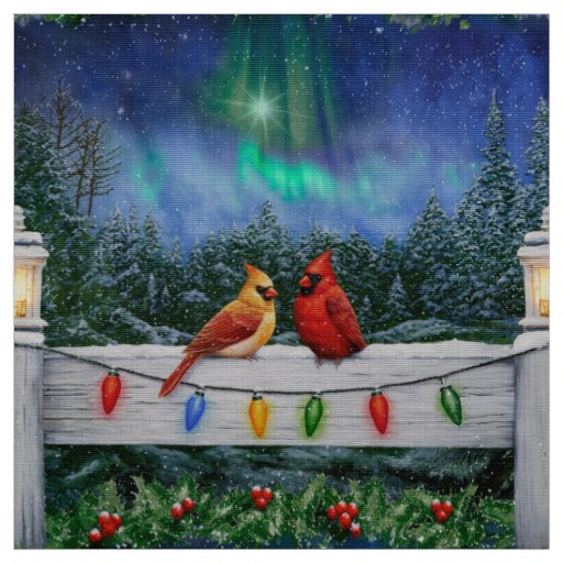 Cardinals and Christmas Lights Winter Snow Fabric