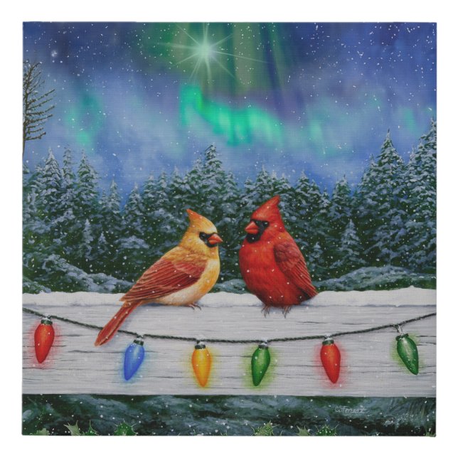 Cardinals and Christmas Lights Winter Snow Faux Canvas Print (Front)