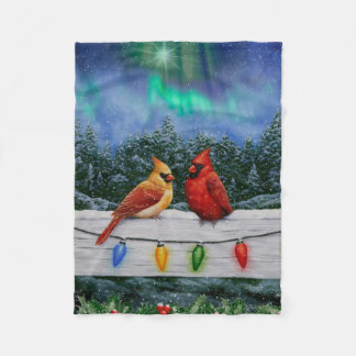 Cardinals and Christmas Lights Winter Snow Fleece Blanket