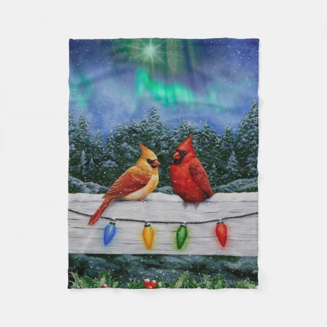 Cardinals and Christmas Lights Winter Snow Fleece Blanket (Front)