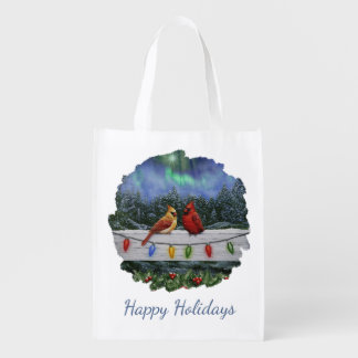 Cardinals and Christmas Lights Winter Snow Grocery Bag
