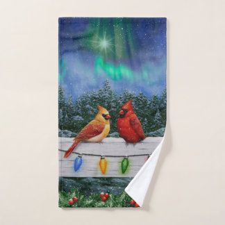 Cardinals and Christmas Lights Winter Snow Hand Towel