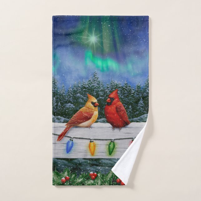 Cardinals and Christmas Lights Winter Snow Hand Towel (Hand Towel)
