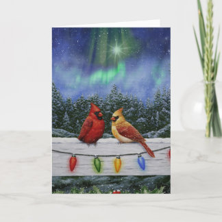Cardinals and Christmas Lights Winter Snow Holiday Card