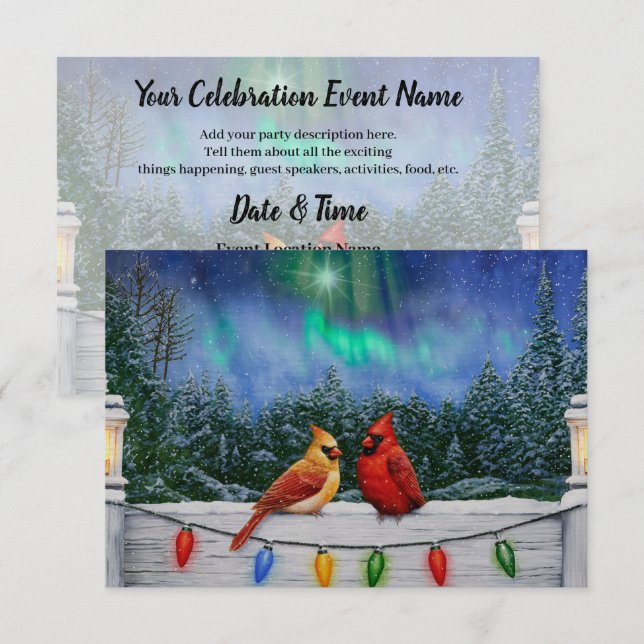 Cardinals and Christmas Lights Winter Snow Invitation (Front/Back)