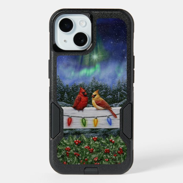 Cardinals and Christmas Lights Winter Snow iPhone 15 Case (Back)