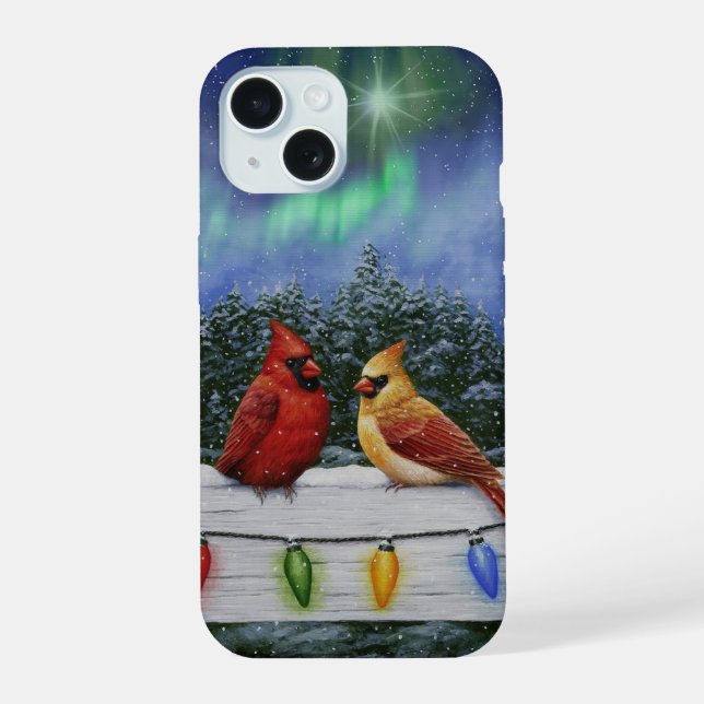 Cardinals and Christmas Lights Winter Snow iPhone 15 Case (Back)