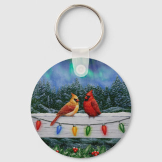 Cardinals and Christmas Lights Winter Snow Keychain