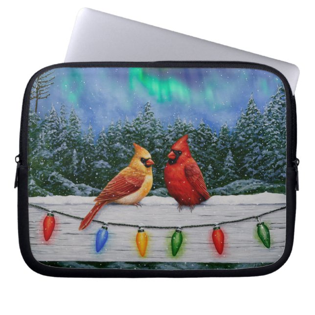 Cardinals and Christmas Lights Winter Snow Laptop Sleeve (Front)