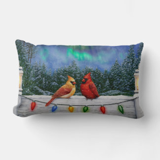 Cardinals and Christmas Lights Winter Snow Lumbar Pillow