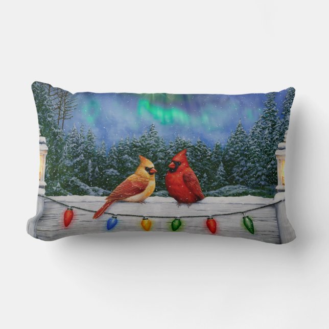 Cardinals and Christmas Lights Winter Snow Lumbar Pillow (Front)