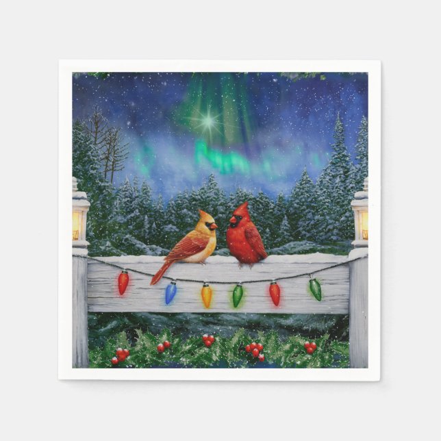 Cardinals and Christmas Lights Winter Snow Napkins (Front)