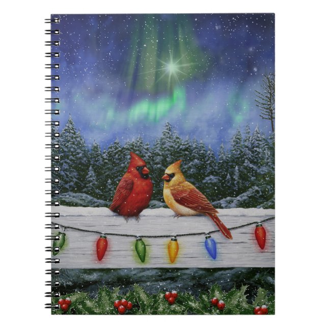 Cardinals and Christmas Lights Winter Snow Notebook (Front)