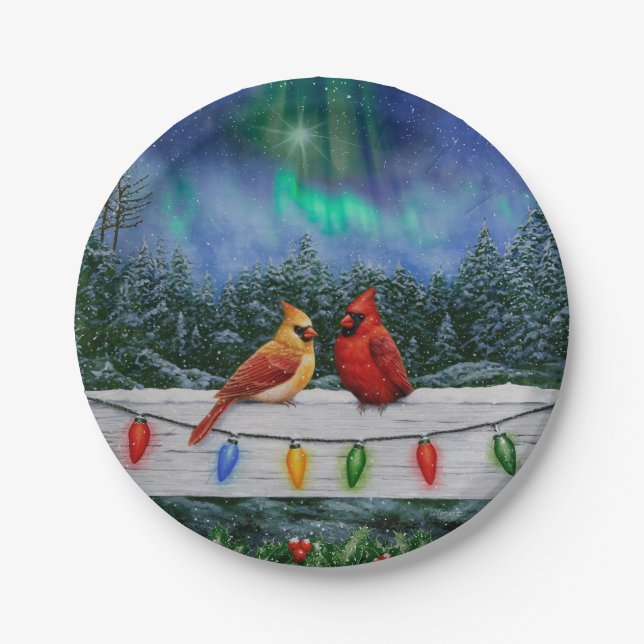 Cardinals and Christmas Lights Winter Snow Paper Plates (Front)