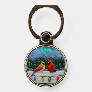 Cardinals and Christmas Lights Winter Snow Phone Ring Stand