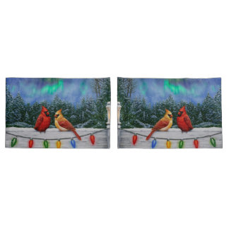 Cardinals and Christmas Lights Winter Snow Pillow Case