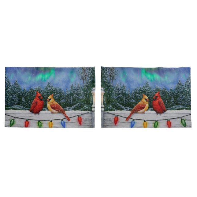 Cardinals and Christmas Lights Winter Snow Pillow Case (Back-Set)