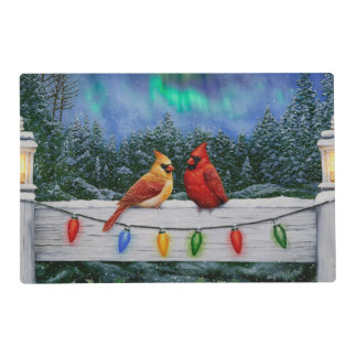 Cardinals and Christmas Lights Winter Snow Placemat
