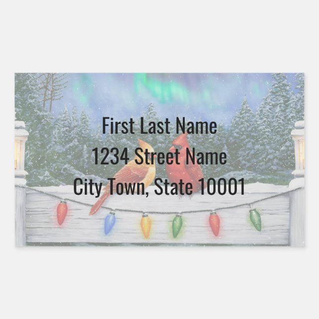 Cardinals and Christmas Lights Winter Snow Rectangular Sticker (Front)