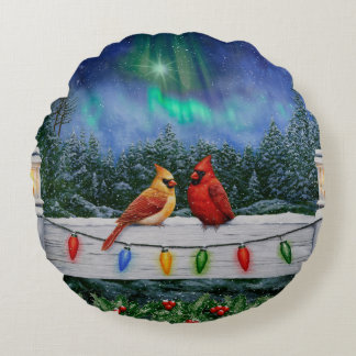 Cardinals and Christmas Lights Winter Snow Round Pillow