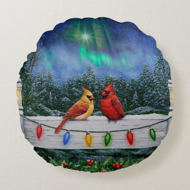 Cardinals and Christmas Lights Winter Snow Round Pillow (Front)