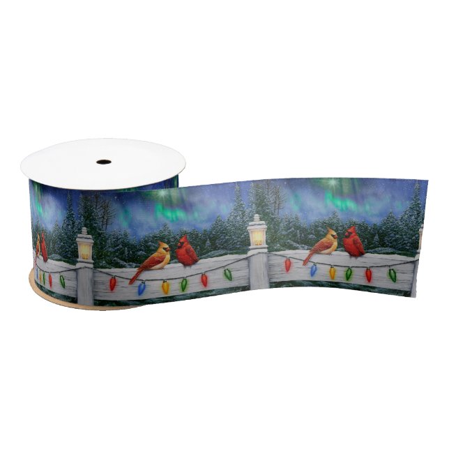 Cardinals and Christmas Lights Winter Snow Satin Ribbon (Spool)