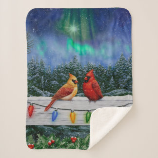 Cardinals and Christmas Lights Winter Snow Sherpa Blanket
