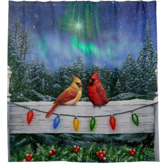 Cardinals and Christmas Lights Winter Snow Shower Curtain (Front)
