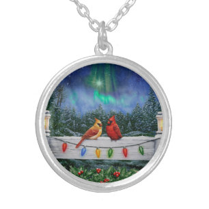 Cardinals and Christmas Lights Winter Snow Silver Plated Necklace