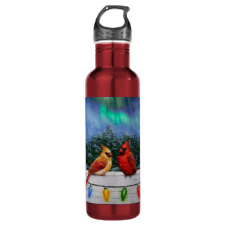 Cardinals and Christmas Lights Winter Snow Stainless Steel Water Bottle