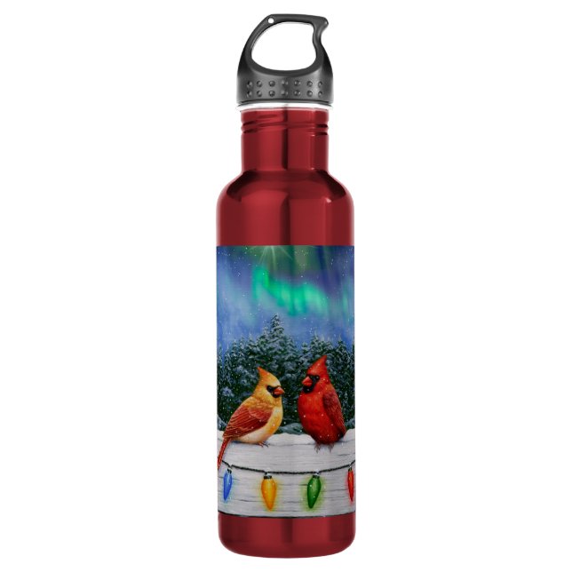 Cardinals and Christmas Lights Winter Snow Stainless Steel Water Bottle (Front)