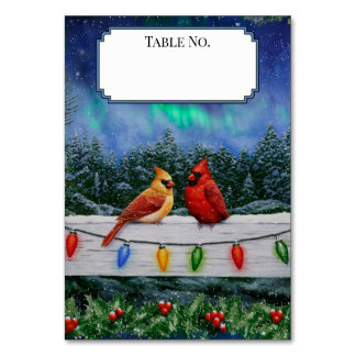 Cardinals and Christmas Lights Winter Snow Table Number