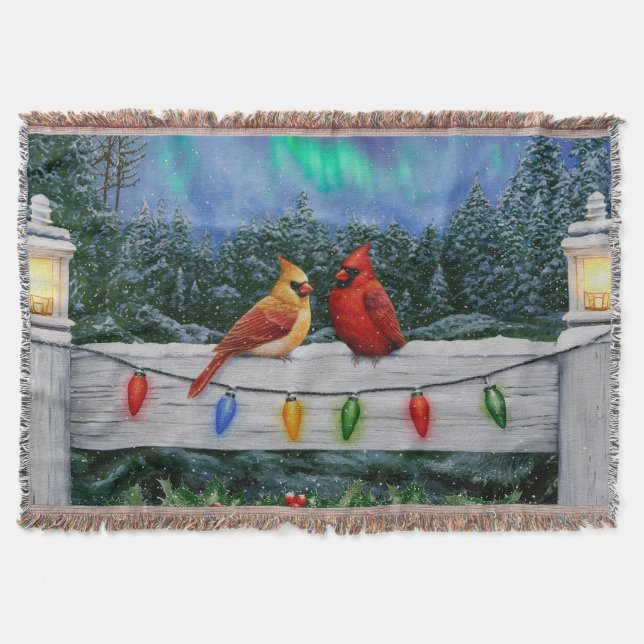 Cardinals and Christmas Lights Winter Snow Throw Blanket (Front)