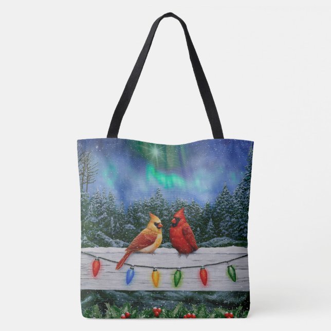 Cardinals and Christmas Lights Winter Snow Tote Bag (Back)