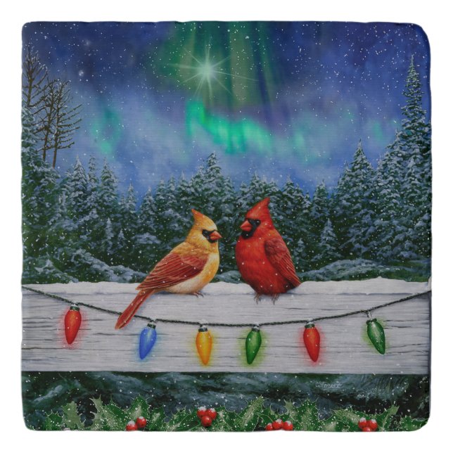 Cardinals and Christmas Lights Winter Snow Trivet (Front)