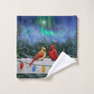 Cardinals and Christmas Lights Winter Snow Wash Cloth