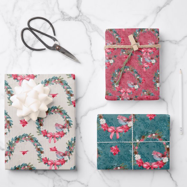Cardinals and Christmas Wreath Wrapping Paper Sheets (Front)