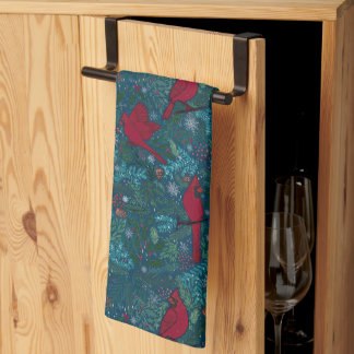 Cardinals and conifers, winter holiday pattern kitchen towel