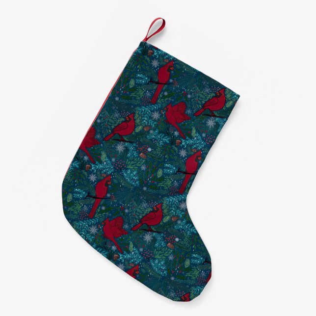 Cardinals and conifers, winter holiday pattern  small christmas stocking (Front (Hanging))