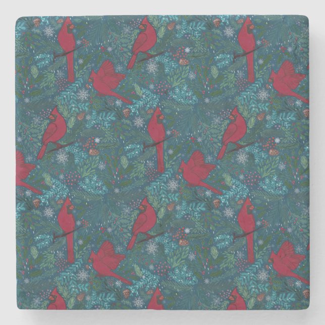 Cardinals and conifers, winter holiday pattern  stone coaster (Front)