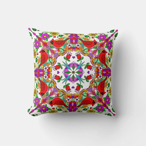 Cardinals and Flowers Mandala Pretty Colorful Throw Pillow