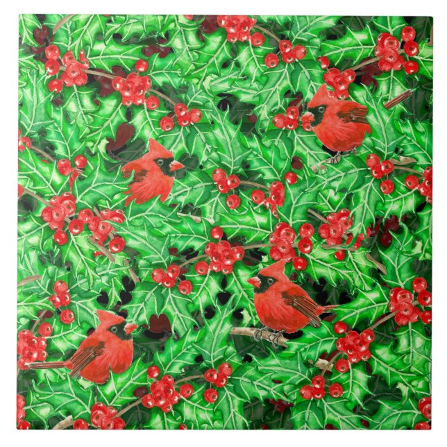 Cardinals and holly berry ceramic tile (Front)