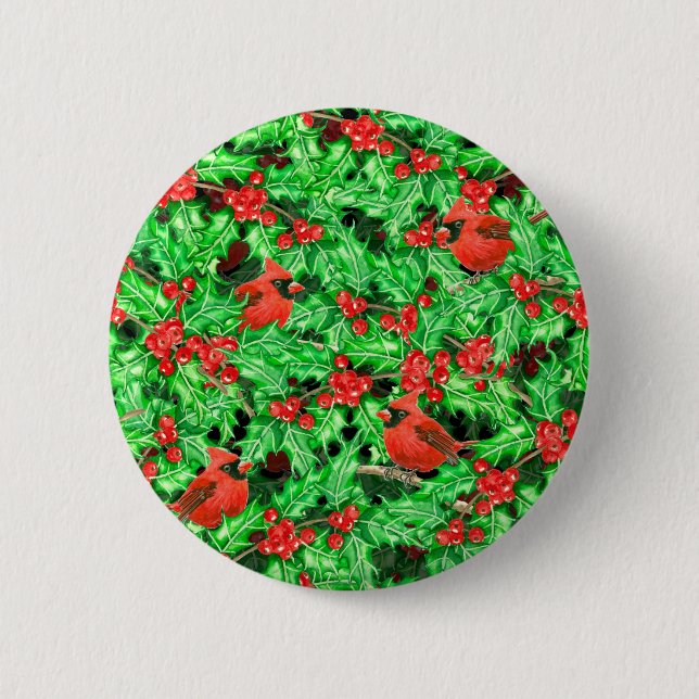 Cardinals and holly berry pinback button (Front)