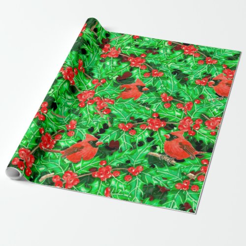 Cardinals and holly berry wrapping paper