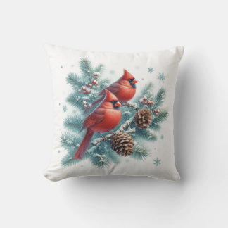 Cardinals and Pine Winter Season Throw Pillow