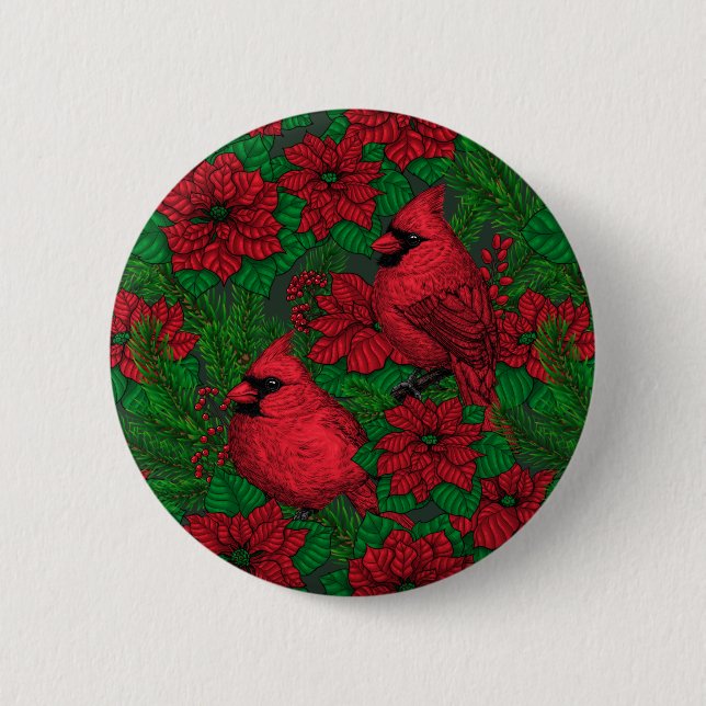 Cardinals and poinsettia for Christmas Button (Front)