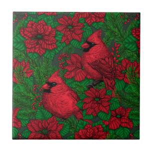 Cardinals and poinsettia for Christmas Ceramic Tile