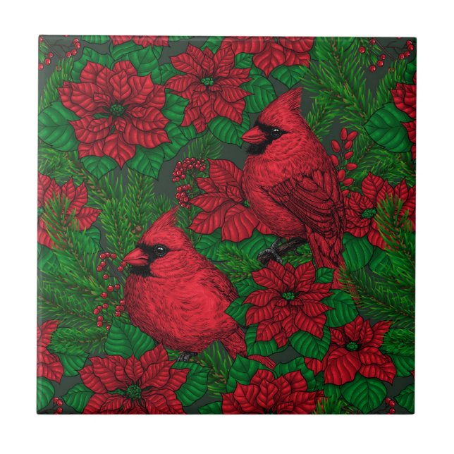 Cardinals and poinsettia for Christmas Ceramic Tile (Front)