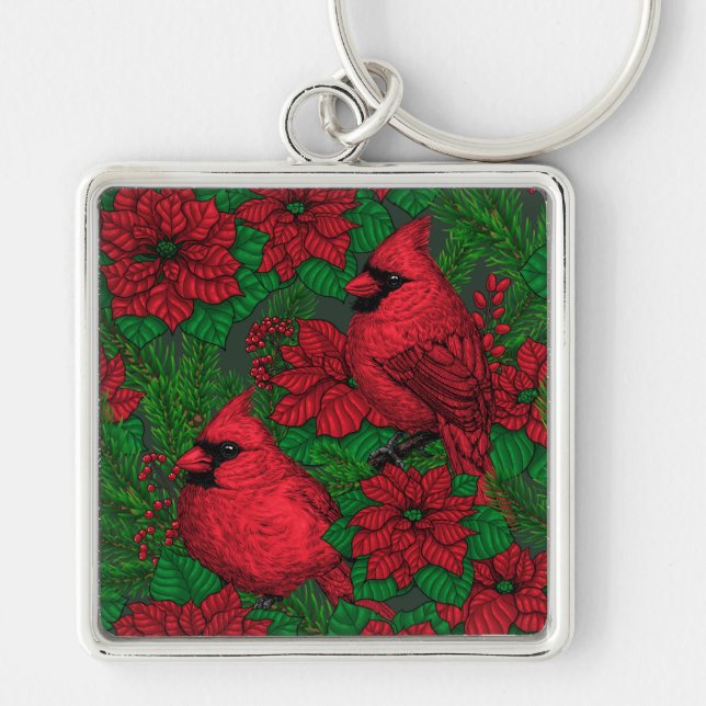 Cardinals and poinsettia for Christmas Keychain (Front)